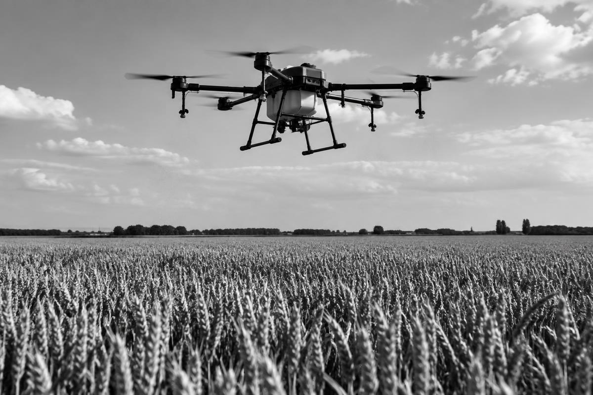 An agricultural drone flying over a wheat field