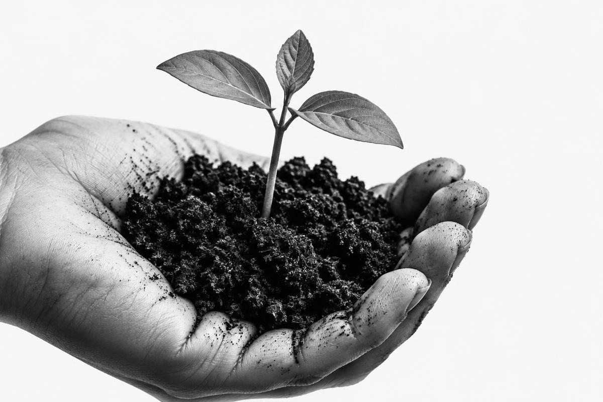 A hand holding dark soil with a young seedling
